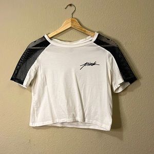 White Tee with mesh sleeves and PINK logo on front